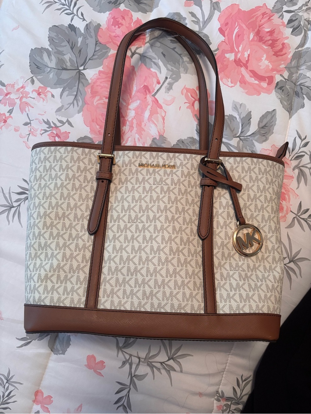 Michael Kors Beige/ Brown Signature MK Tote with Leather Trim